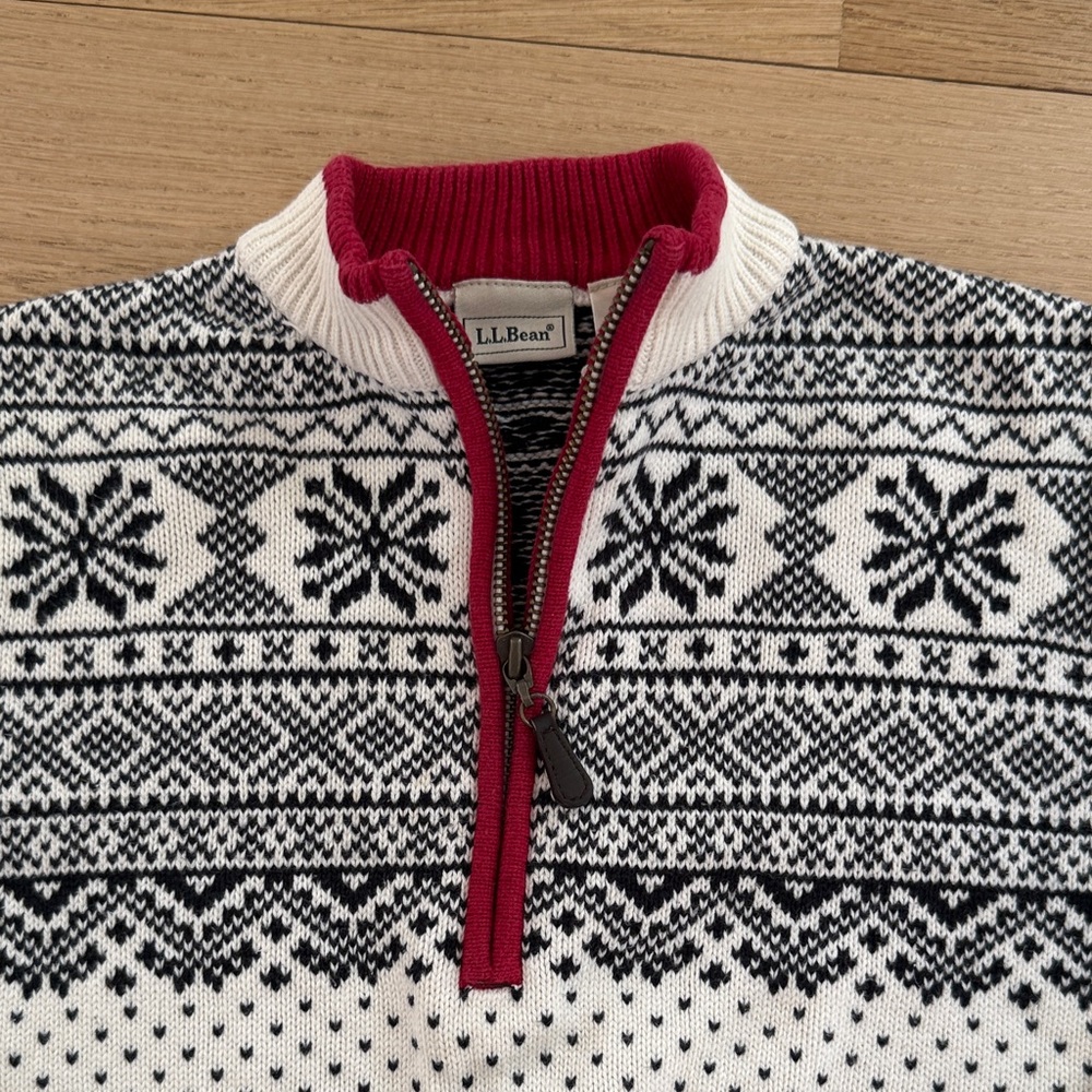 L.L. Bean Boys Black and White Nordic Sweater quarter zip sz M 10/12 100% Cotton - Picture 3 of 10